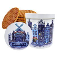 Typisch Hollands Stroopwafels in a tin - Amsterdam - Bicycle windmill and gable houses