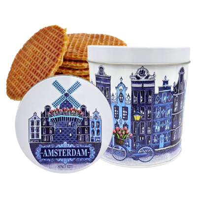 Typisch Hollands Stroopwafels in der Dose - Amsterdam - Fahrradwindmühle und Giebelhäuser