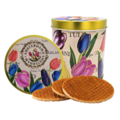 Typisch Hollands Stroopwafels in einer Dose mit stilvoller Tulpenverzierung