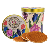 Typisch Hollands Stroopwafels in einer Dose mit stilvoller Tulpenverzierung