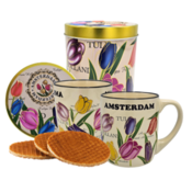 Typisch Hollands Stroopwafels in einer Dose mit 2 passenden Tulpenbechern
