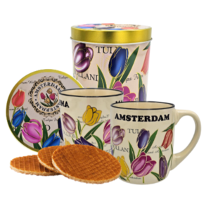 Typisch Hollands Stroopwafels in a tin with 2 matching tulip mugs