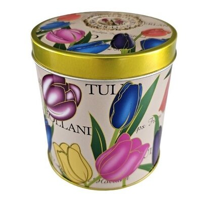 Typisch Hollands Stroopwafels in der Dose mit stylischer Tulpendekoration