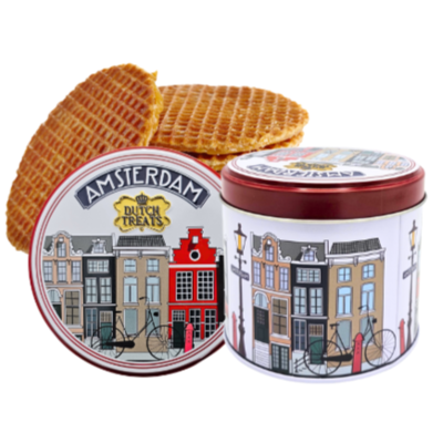Typisch Hollands Stroopwafels in a tin Canal houses and bicycle