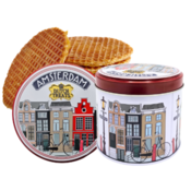 Typisch Hollands Stroopwafels in einer Blechdose, Kanalhäuser und Fahrrad