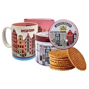 Typisch Hollands Amsterdam Geschenkset - Große Tasse und Dose Stroopwafels Rot-Fuchsia