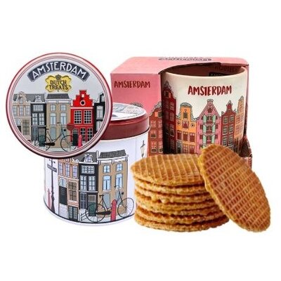 Typisch Hollands Amsterdam Geschenkset - Große Tasse und Dose Stroopwafels Rot-Fuchsia