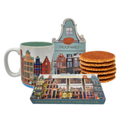 Typisch Hollands Geschenkset Amstermam - mok stroopwafels en chocolade