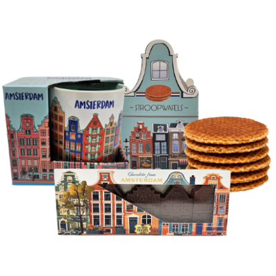 Typisch Hollands Geschenkset Amsterdam - mok stroopwafels en gevelreep