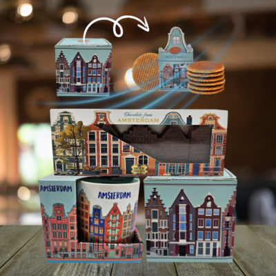 Typisch Hollands Amsterdam Geschenkset - Becher mit Sirupwaffeln und einem Fassadenriegel