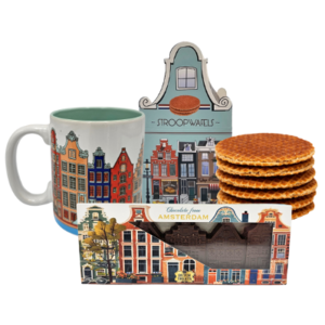 Typisch Hollands Amsterdam Geschenkset - Becher mit Sirupwaffeln und einem Fassadenriegel