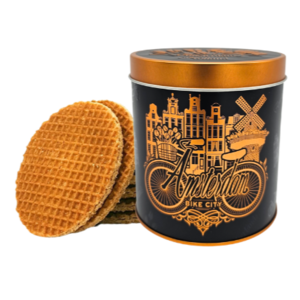 Typisch Hollands Stroopwafels in einer schwarzen Dose Amsterdam