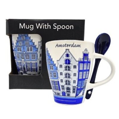 TTD Gifts Mok met lepel - Delfts blauw gevelhuisjes