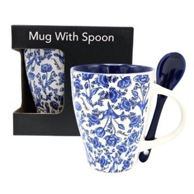 Typisch Hollands Mok met lepel - Delfts blauw bloemmotief