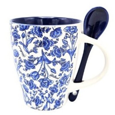 TTD Gifts Mok met lepel - Delfts blauw bloemmotief