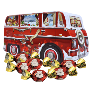 Typisch Hollands Weihnachtsdose gefüllt – Weihnachtsmann-Wohnmobil.