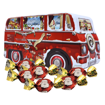 Typisch Hollands Weihnachtsdose gefüllt – Weihnachtsmann-Wohnmobil.