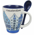 TTD Gifts Mok met lepel - Delfts blauw gevelhuisjes