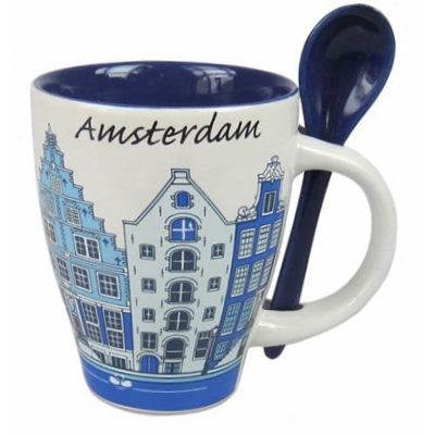 Typisch Hollands Mug with spoon - Delft blue gable houses