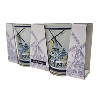 Typisch Hollands Shotglaasjes molen Delfts-blauw - Holland -Frosted - set van 2 stuks