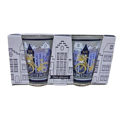 Typisch Hollands Shotglaasjes fiets Delfts-blauw - Amsterdam -Frosted - set van 2 stuks