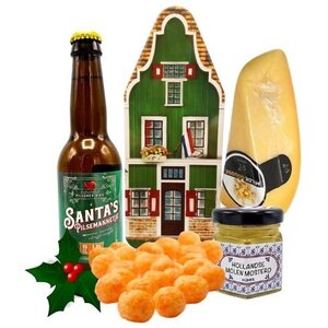 Typisch Hollands Weihnachtsgeschenk mit Bier und Käse in einer Geschenkdose.