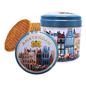 TTD Gifts Stroopwafels in an Amsterdam-blue tin with gabled houses