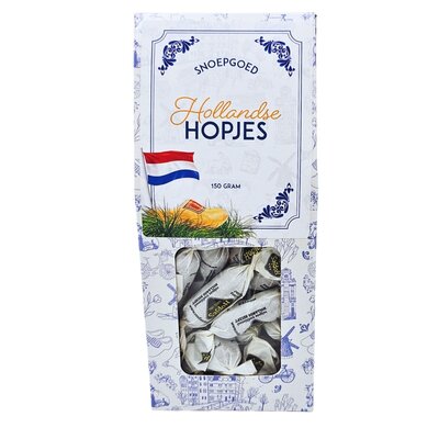 Typisch Hollands Niederländische Hopjes in einer Delfter blauen Schachtel