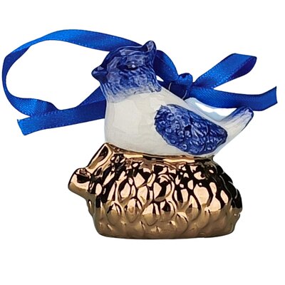 Matix Kerstornament vogel op gouden dennenappel  Delfts-blauw