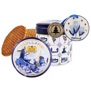 Stroopwafels (Typisch Hollands) Stroopwafel-Geschenkset mit Delfter-Blau-Weihnachtsanhänger – Tulpen