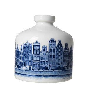 Heinen Delfts blauw Round vase - Canal belt - gabled houses