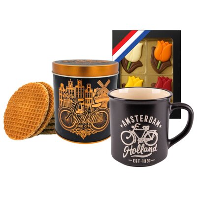 Typisch Hollands Stroopwafels in a tin, coffee mug and chocolate tulips