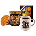 Typisch Hollands Stroopwafels in a tin, coffee mug and chocolate tulips
