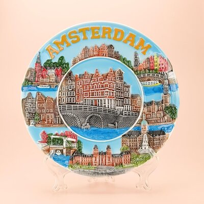 Typisch Hollands Bord grachtenhuisjes compilatie 20 cm Amsterdam - multicolor