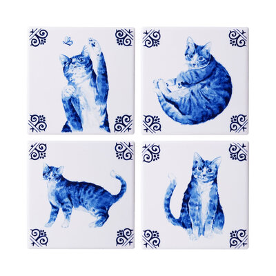 Heinen Delfts blauw Luxury coasters - ceramic - Playful cats