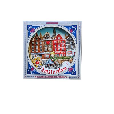 Typisch Hollands Bord huisjes met fiets 20 cm Amsterdam - multicolor