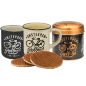 Typisch Hollands Amsterdam - Holland geschenkset - 2 mokken & blik stroopwafels