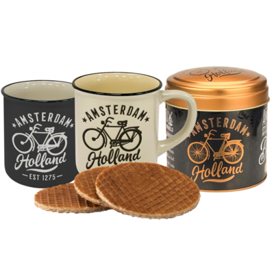 Typisch Hollands Amsterdam - Holland geschenkset - 2 mokken & blik stroopwafels