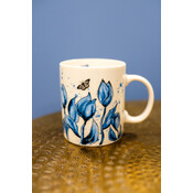 Typisch Hollands White mug with blue tulips and butterfly.