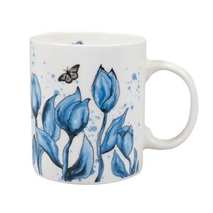 Typisch Hollands White mug with blue tulips and butterfly.