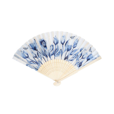 Typisch Hollands Handfächer – Weiß mit blauen Tulpen und einem Schmetterling