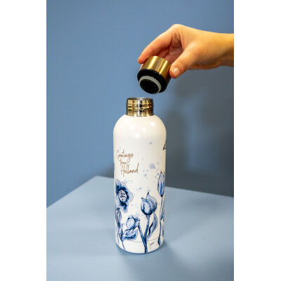 Typisch Hollands Water bottle (insulated bottle) White with blue tulips and butterfly