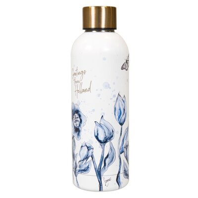 Typisch Hollands Water bottle (insulated bottle) White with blue tulips and butterfly