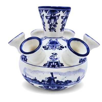 Heinen Delfts blauw Tulip vase - Flowers and windmills in a water landscape