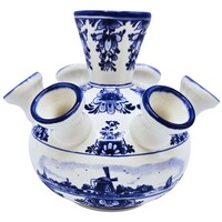 Heinen Delfts blauw Tulip vase - Flowers and windmills in a water landscape