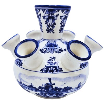 Heinen Delfts blauw Tulip vase - Flowers and windmills in a water landscape