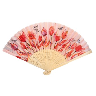 Typisch Hollands Handfächer – Rosa mit roten Tulpen und einem Schmetterling