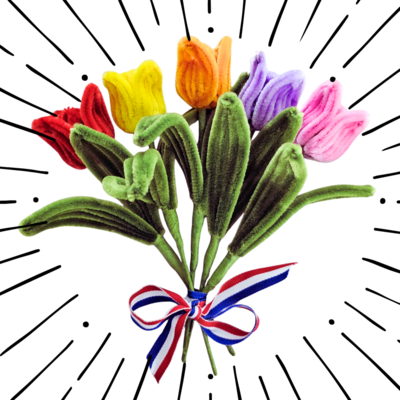 Typisch Hollands Tulpenstrauß – Chenille in einer delfterblauen Vase