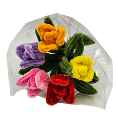 Typisch Hollands Tulpenboeketje - Chenille in Delfts blauwe vaas