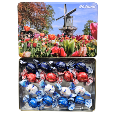 Typisch Hollands Souvenirblik - Molen en tulpenveld - 16 chocoladebollen